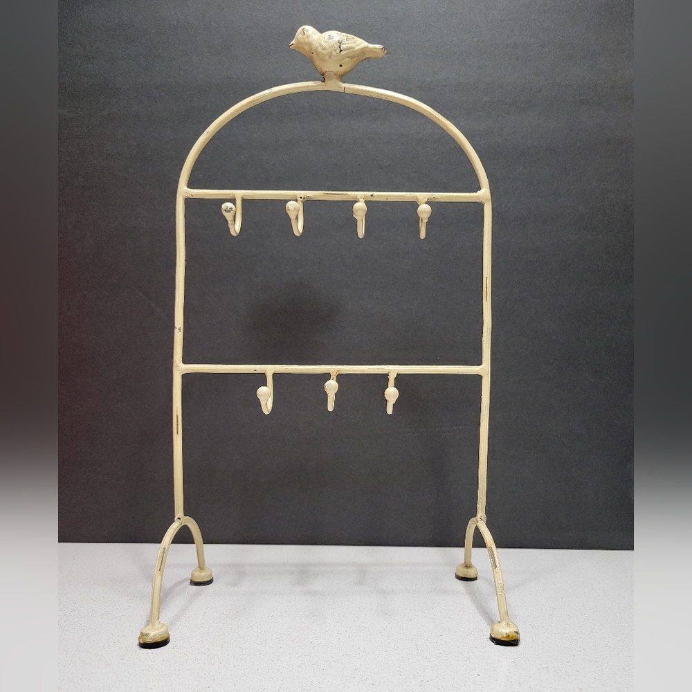 Jewelry Stand Iron Rack with Bird Detail and Hooks, 14" tall